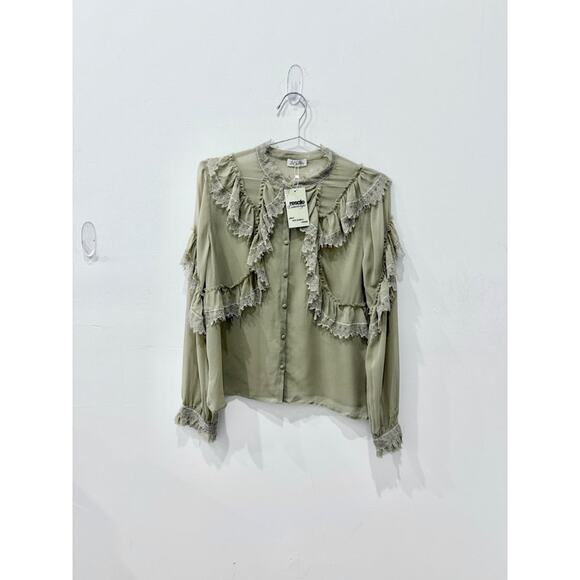 LoveShackFancy Ruffle Lace Trim Clara Silk Blouse Raffia Brown Womens Sze Medium - Picture 2 of 5